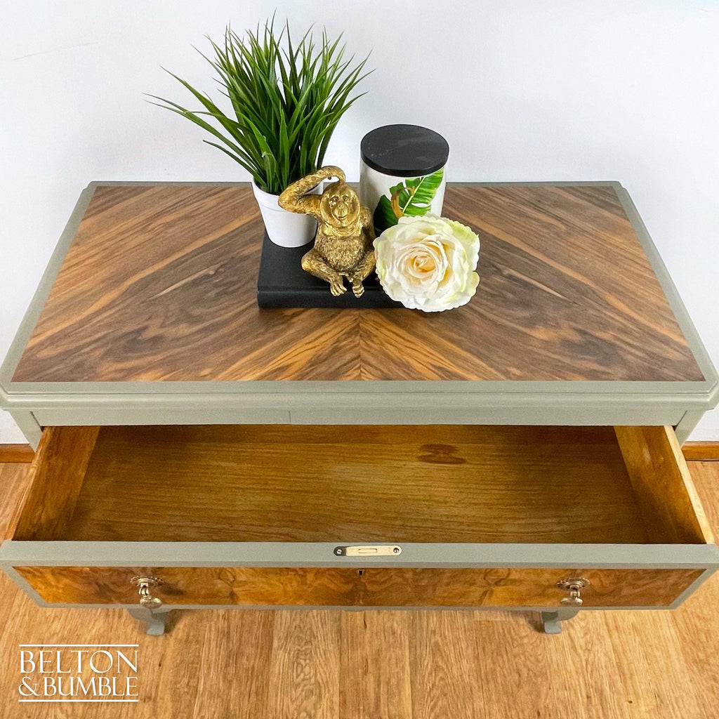 Two Drawer Chest of Drawers with Cupboard in Green Grey and Wood-Belton & Bumble