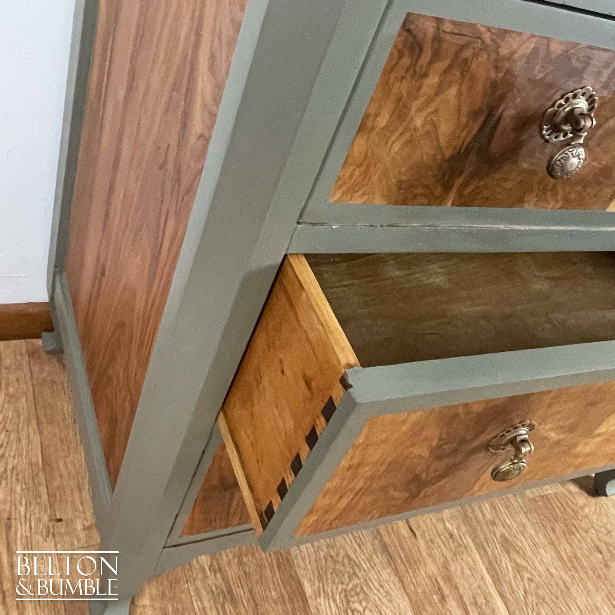 Two Drawer Chest of Drawers with Cupboard in Green Grey and Wood-Belton & Bumble