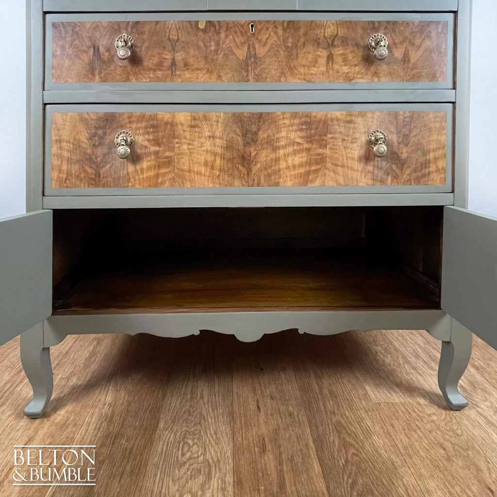 Two Drawer Chest of Drawers with Cupboard in Green Grey and Wood-Belton & Bumble