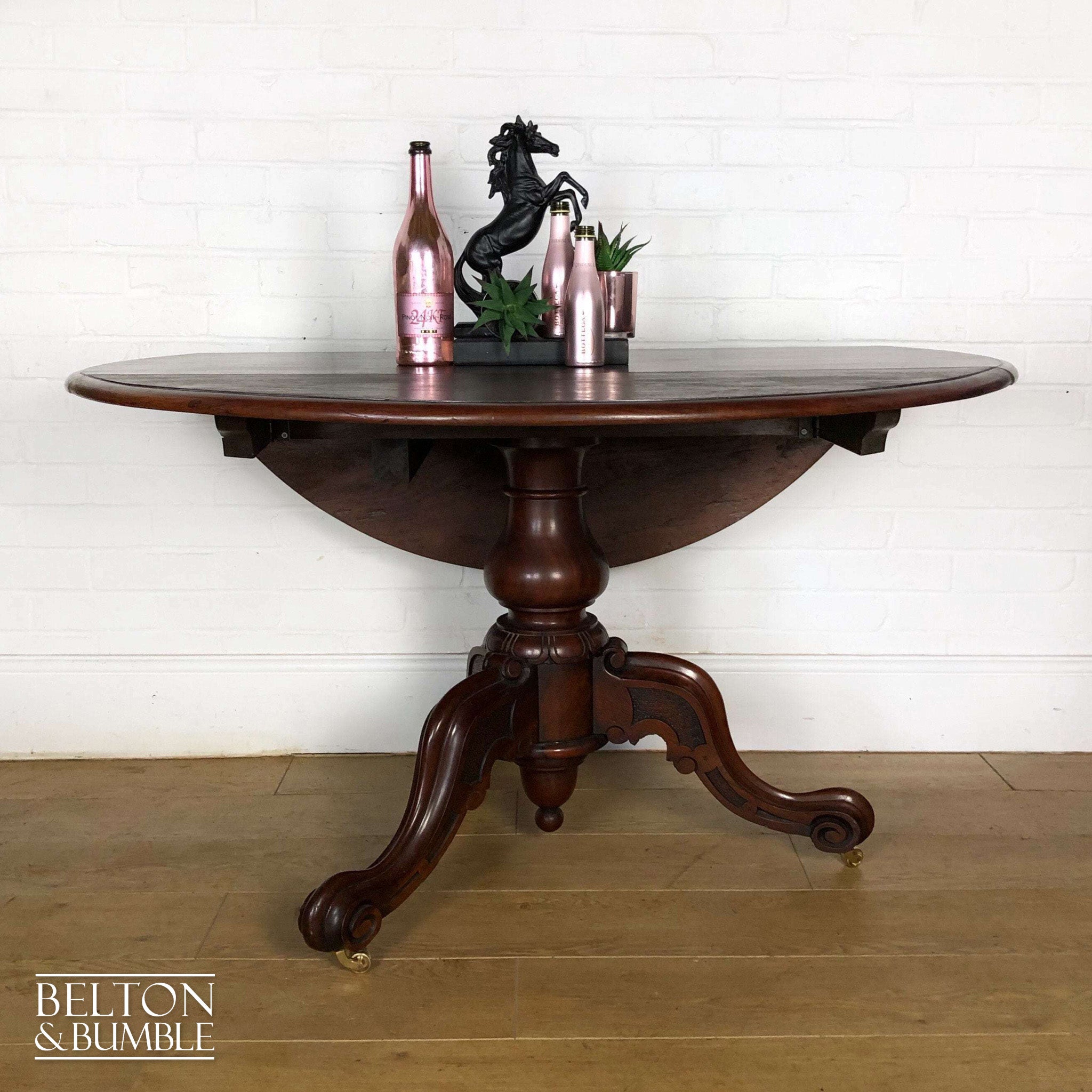 Victorian Mahogany Drop Leaf Round Tilt Top Dining Table-Belton & Bumble
