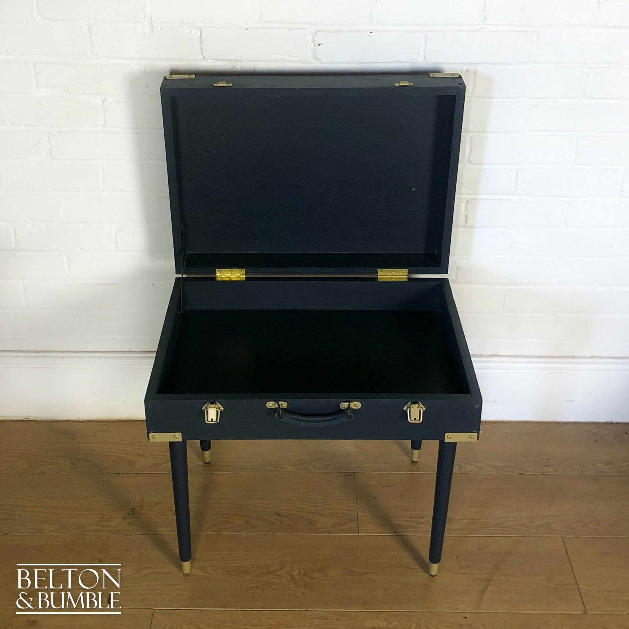 Vintage Wooden Suitcase Side Table in Navy & Gold-Belton & Bumble