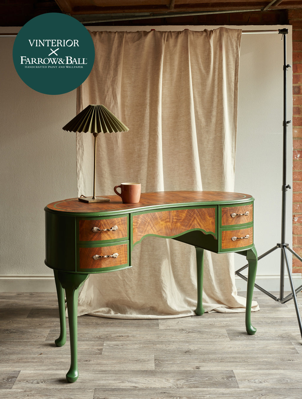 Kidney Shaped Desk In Walnut With Farrow & Ball Painted Detail-Belton & Bumble