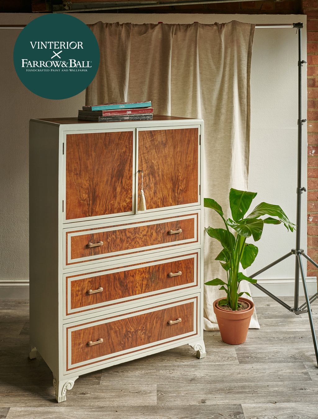 Linen Cupboard In Walnut With Farrow & Ball Painted Detail-Belton & Bumble